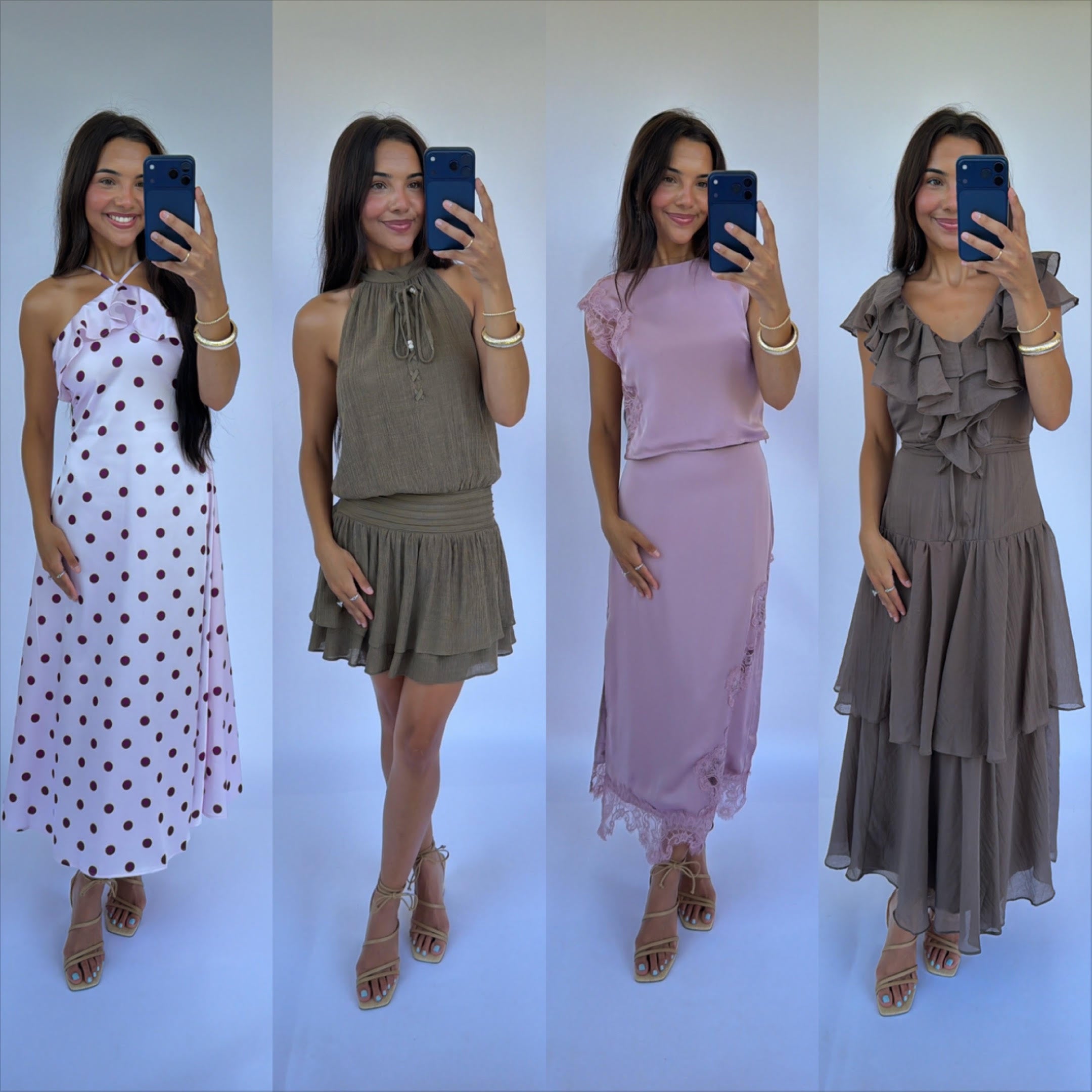Four women posing in matching sleeveless maxi dresses of different colors and patterns, taking mirror selfies against a light blue studio background.